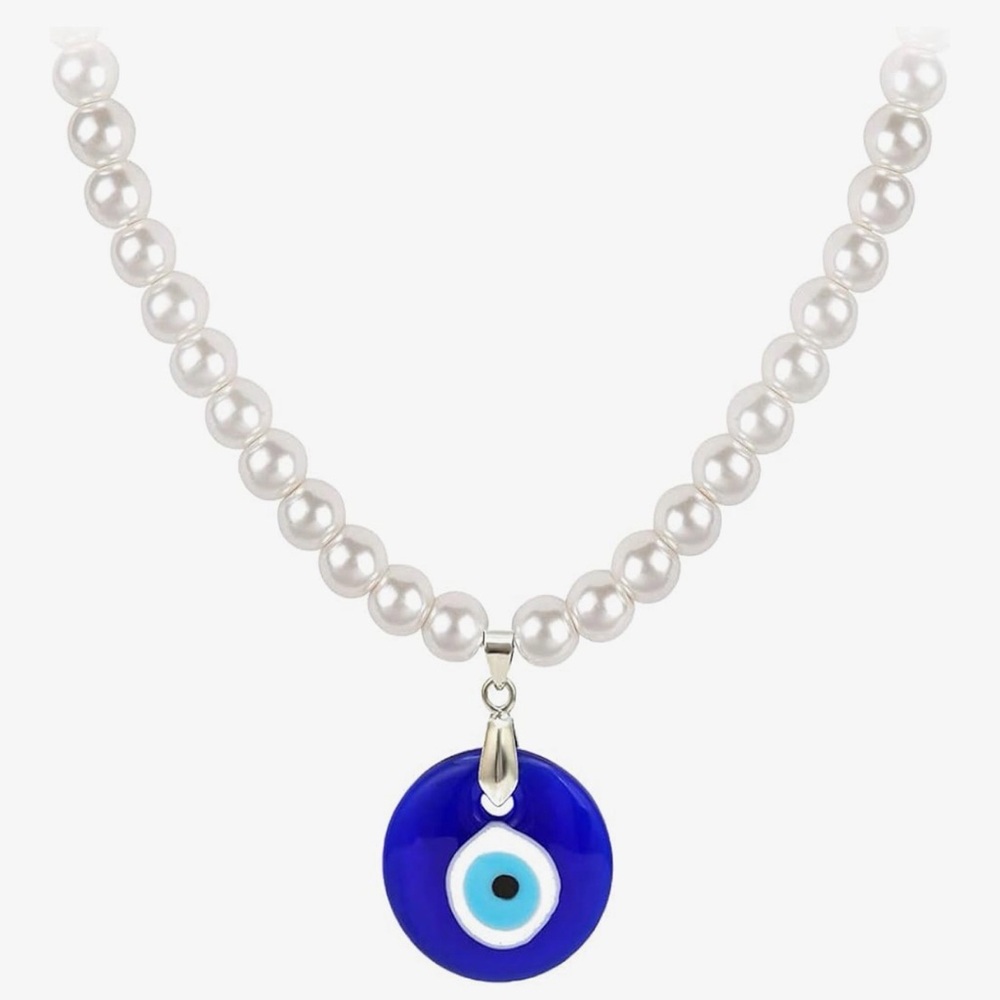 Pearl Necklace with Blue Evil Eye Pendant